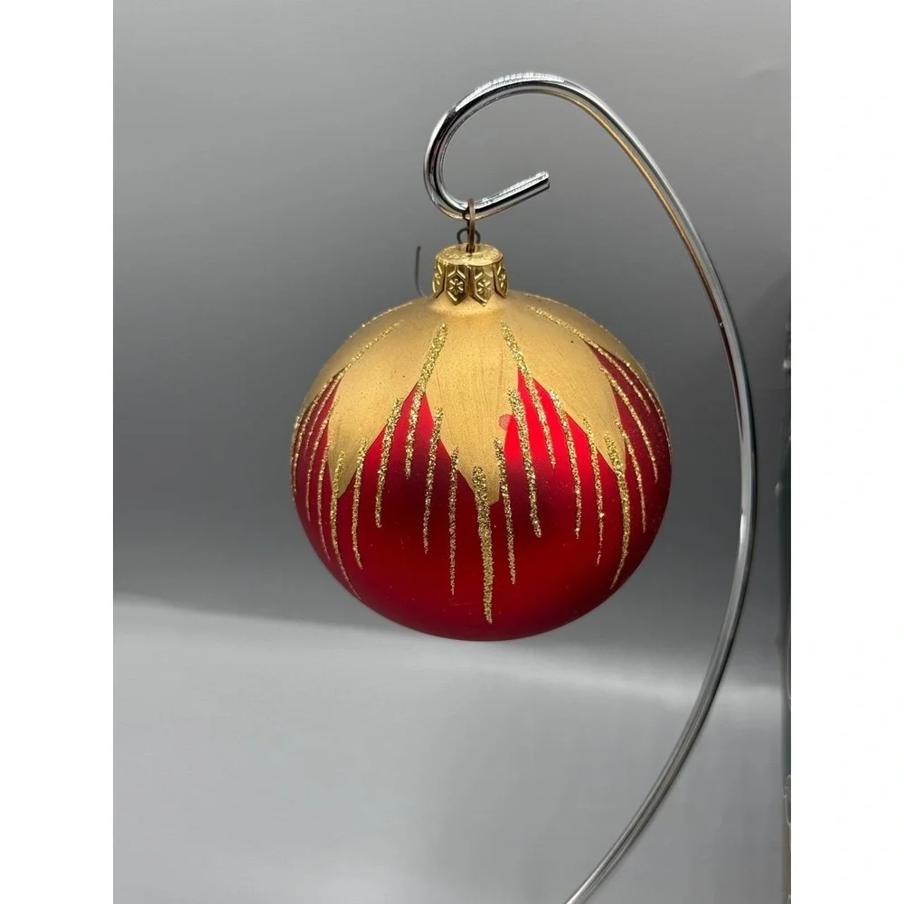Vtg Red Gold Glitter Glass Christmas Ball Ornament‎ mid century regency set of 3